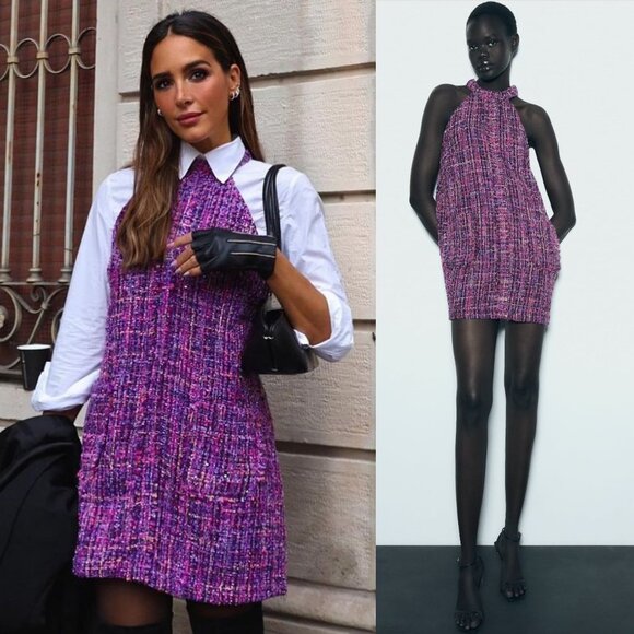 Zara Purple Tweed Textured Halter Pinafore Mini Dress Front Pockets Bloggers fav - Picture 1 of 8